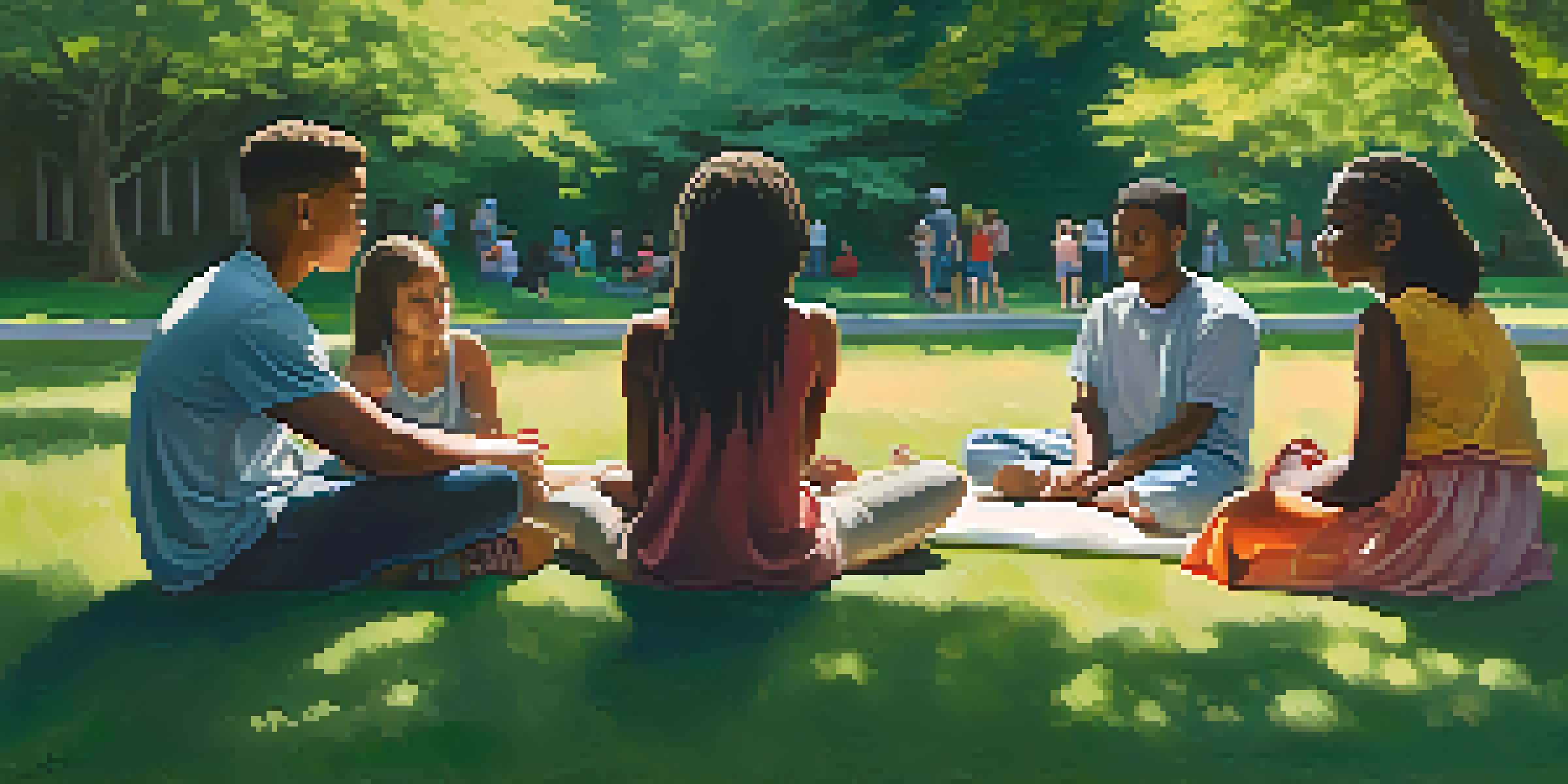A diverse group of young people sitting in a circle in a park, engaged in a supportive conversation, surrounded by greenery and flowers.