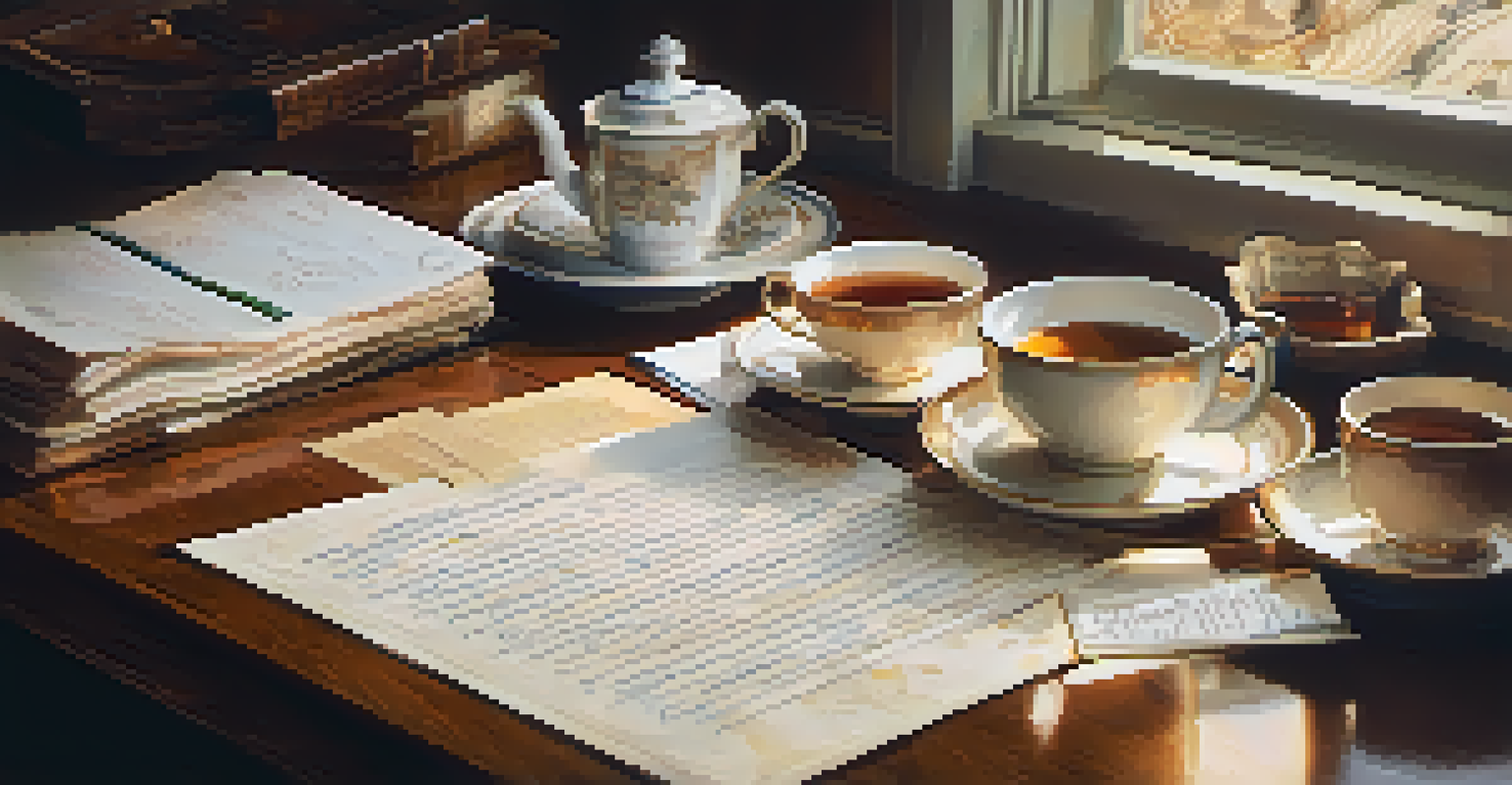 A close-up of a hand writing on a family health history document, with photographs and a cup of tea nearby.