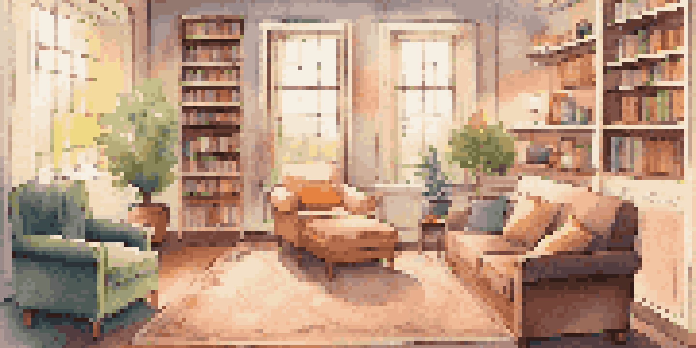 A warm and inviting therapy room with comfortable furniture, soft lighting, and a bookshelf filled with mental health and humorous books.