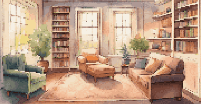A warm and inviting therapy room with comfortable furniture, soft lighting, and a bookshelf filled with mental health and humorous books.