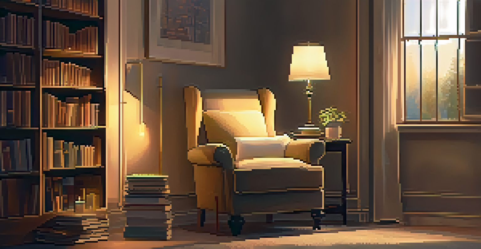 A warm and inviting reading nook with a comfy chair, books, and a cup of tea.