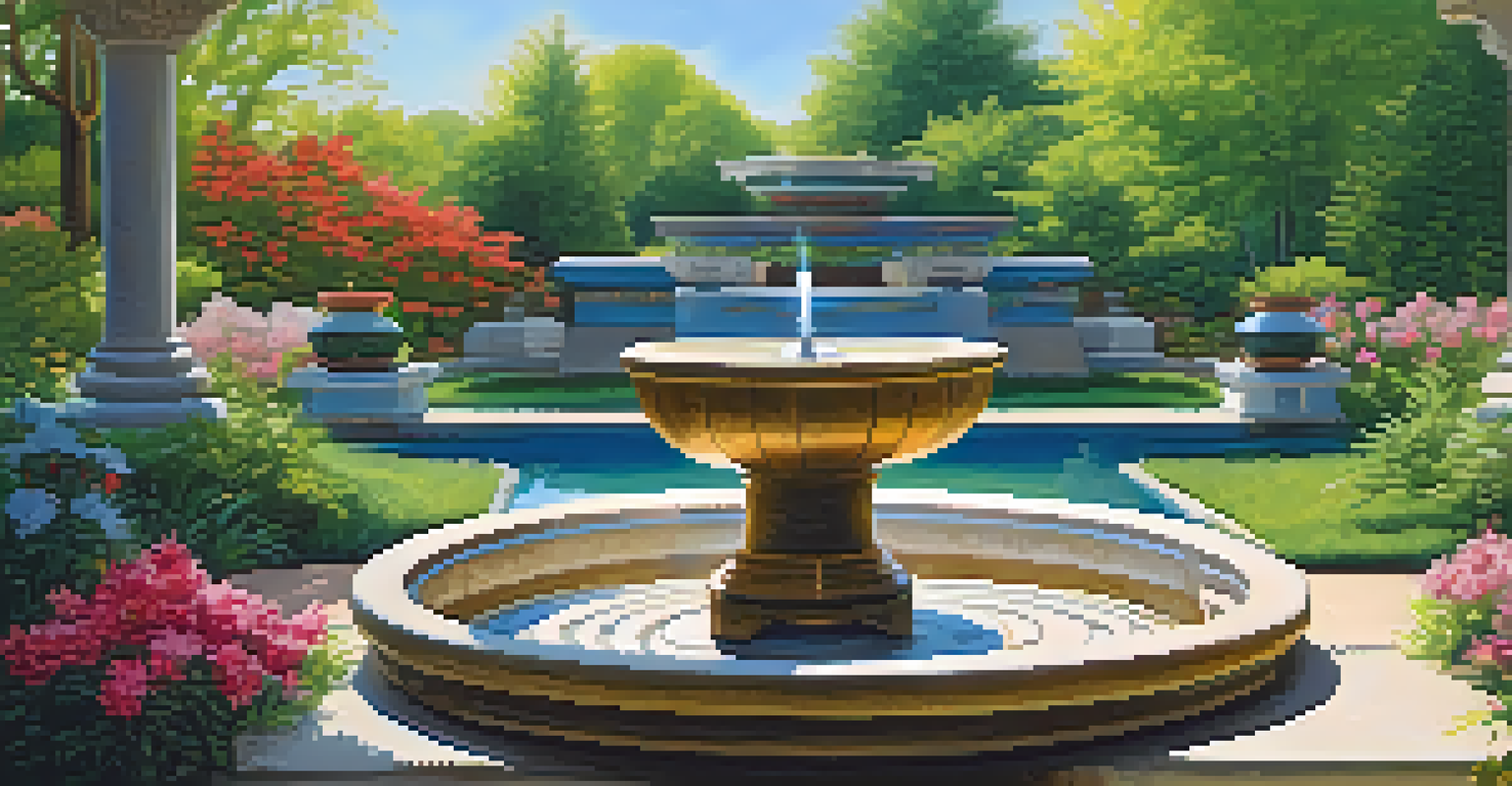 A peaceful outdoor retreat garden with a water fountain, seating, and sound therapy instruments, surrounded by blooming flowers and greenery.