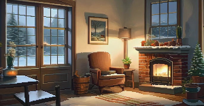 A cozy living room in winter, with snow outside the window and a person reading by the fireplace.