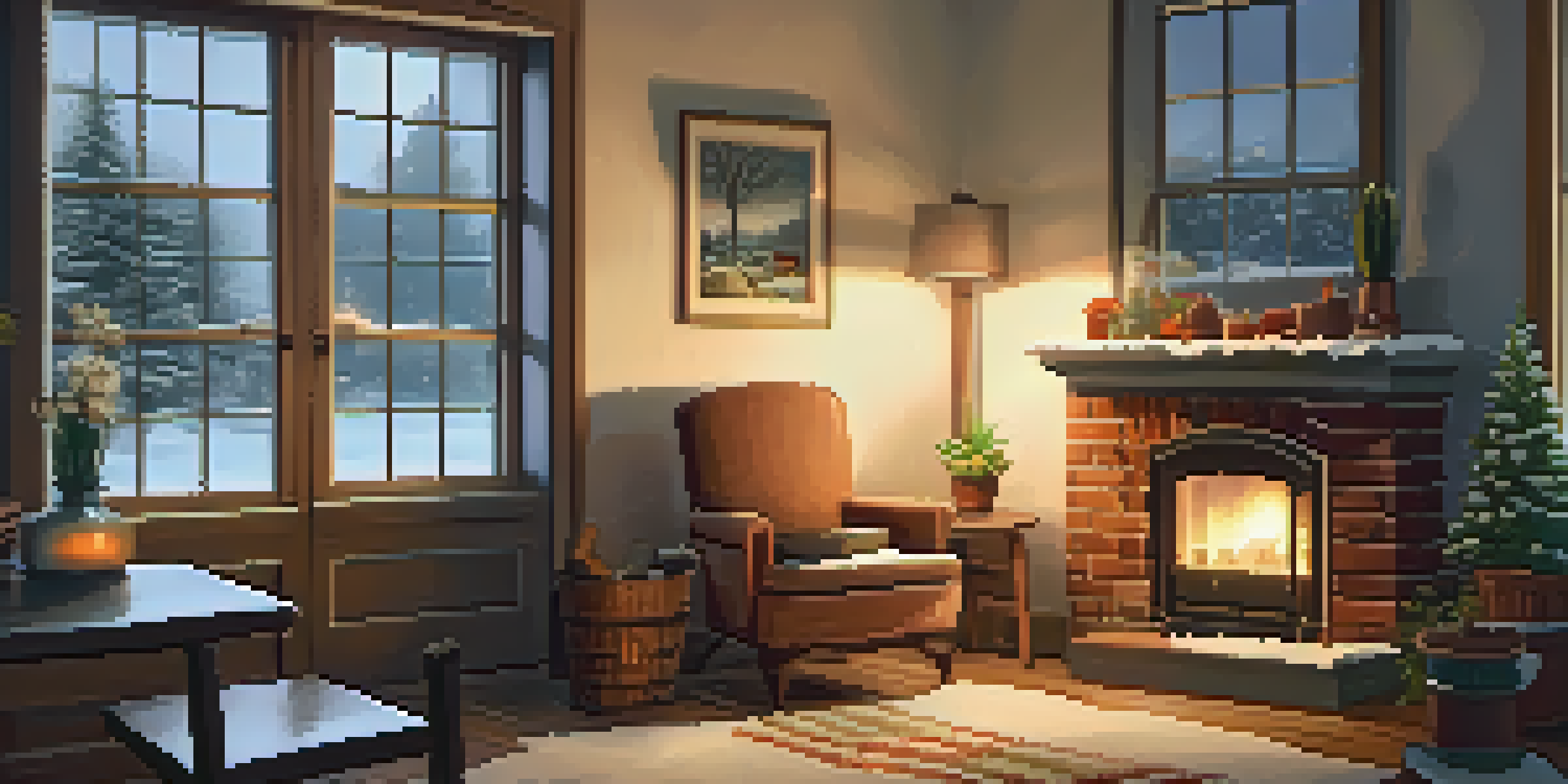 A cozy living room in winter, with snow outside the window and a person reading by the fireplace.