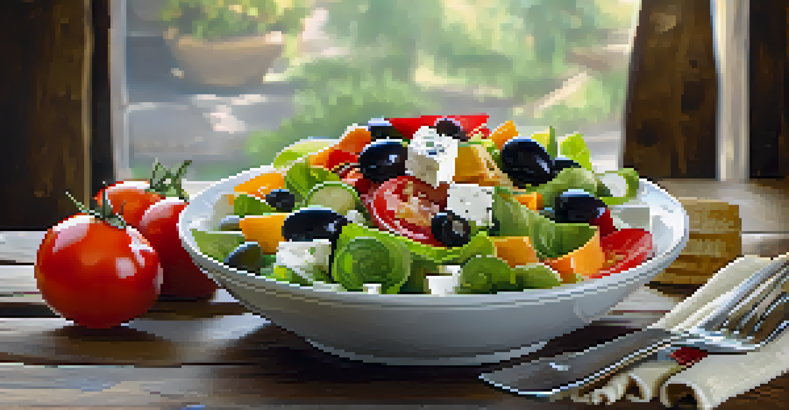 A well-presented Mediterranean salad on a wooden table, showcasing fresh vegetables and bright colors.