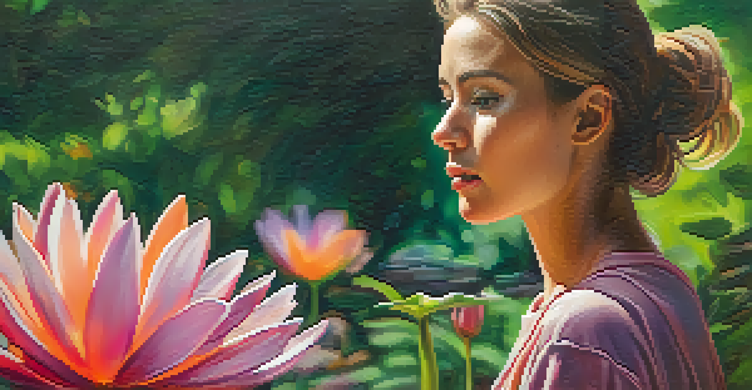 A person attentively observing a colorful flower in a lush garden, illustrating the practice of mindfulness in nature.
