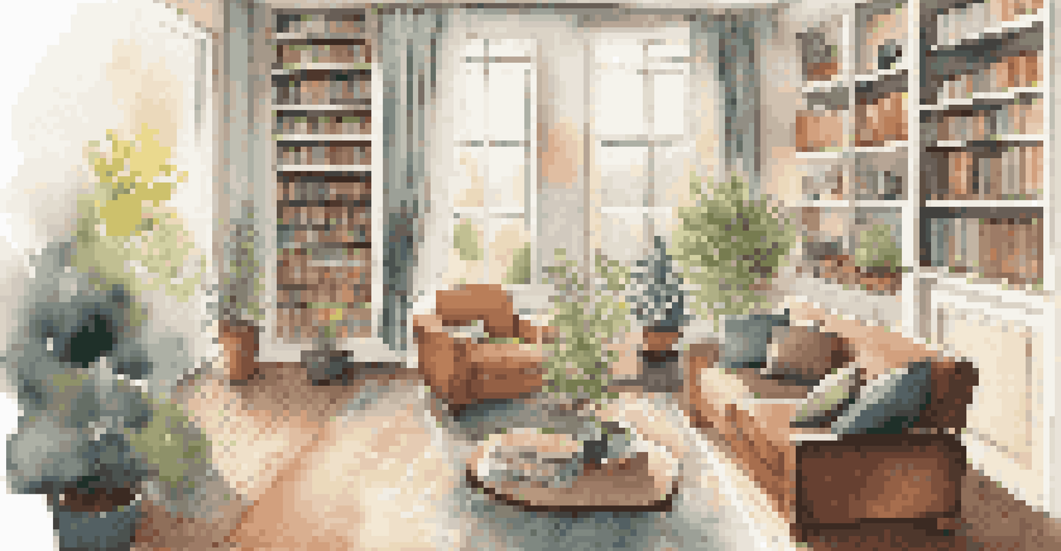 A cozy living room with a person journaling, aromatherapy candles on the table, and sunlight streaming in.