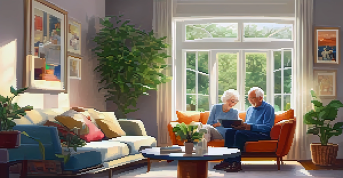 An elderly couple happily using a tablet in a cozy living room filled with family photos and plants.