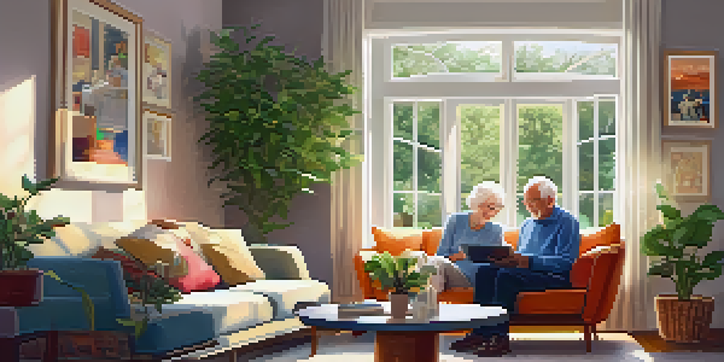 An elderly couple happily using a tablet in a cozy living room filled with family photos and plants.