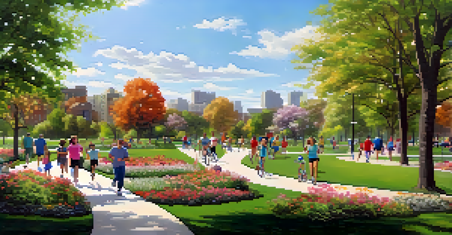 A beautiful urban park with paths for walking and exercising, filled with families enjoying various physical activities.