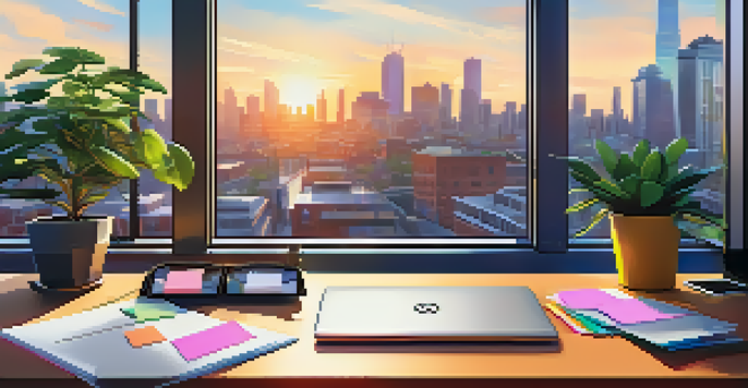 A modern office with a desk, laptop, and city skyline view, showcasing a productive workspace.