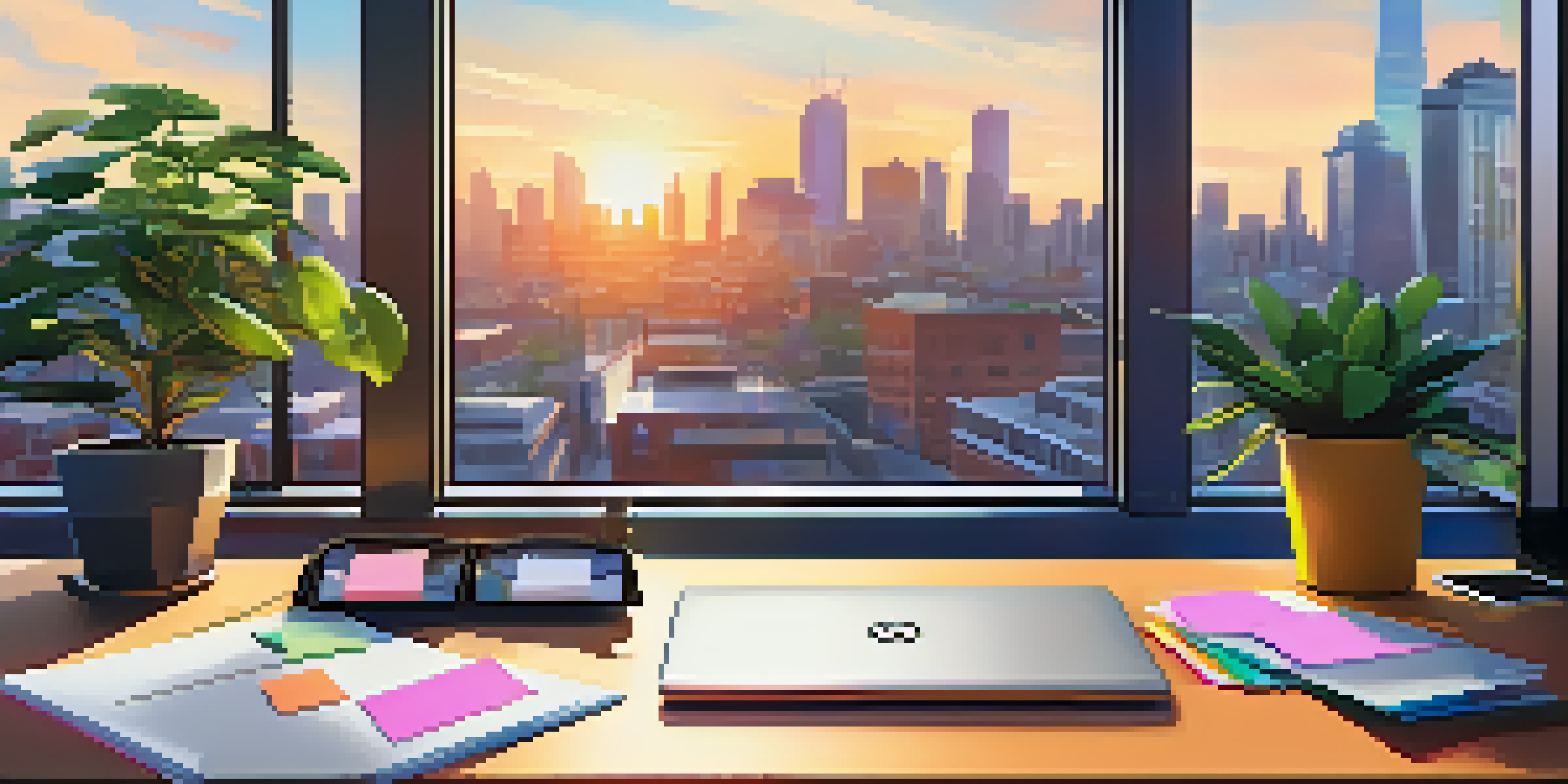 A modern office with a desk, laptop, and city skyline view, showcasing a productive workspace.