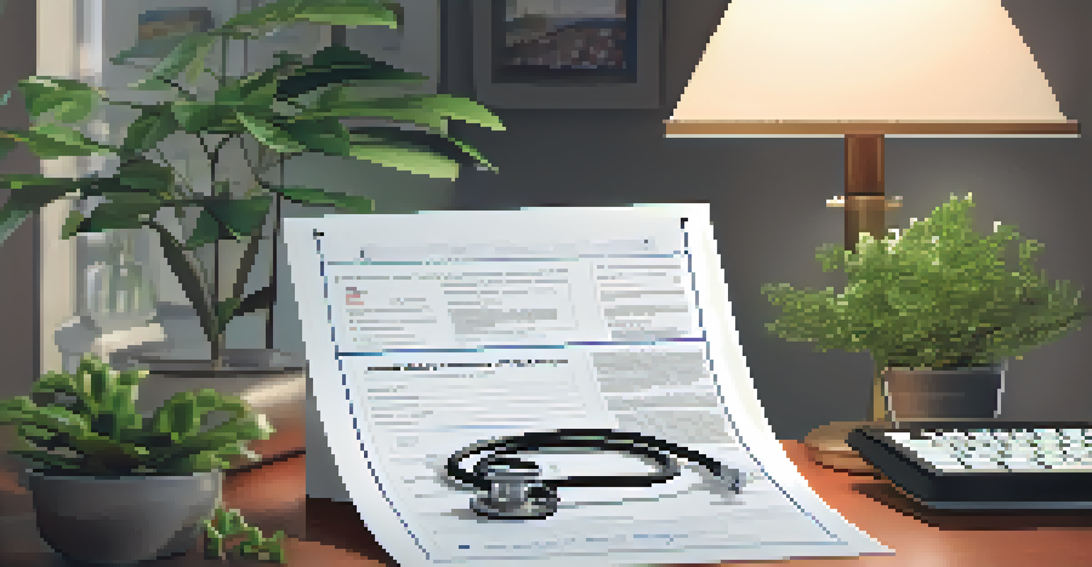 A doctor's office desk with a family health history document, stethoscope, and a laptop, creating a professional atmosphere.
