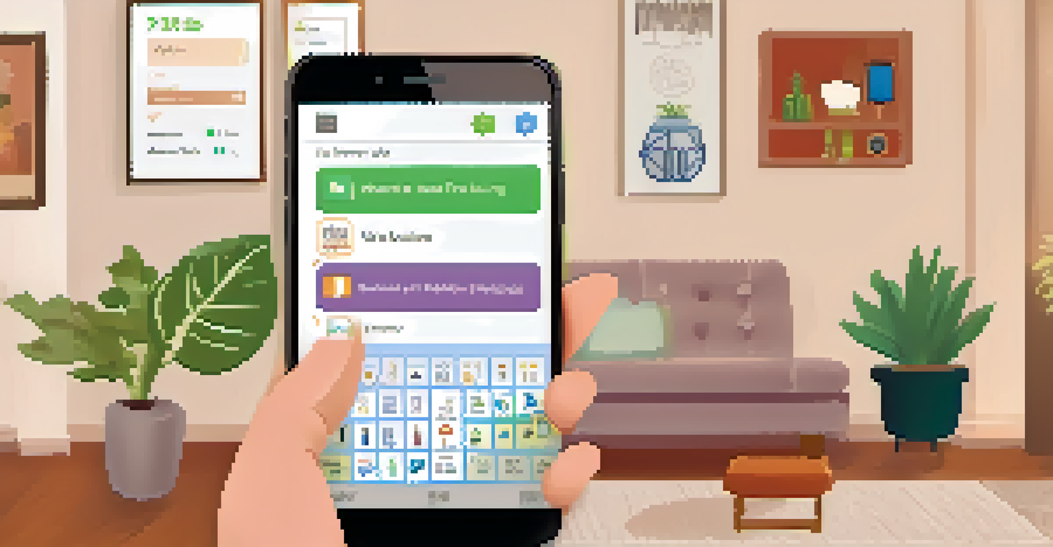 A smartphone displaying a mental health app interface in a cozy living room setting, emphasizing accessibility to mental health resources.