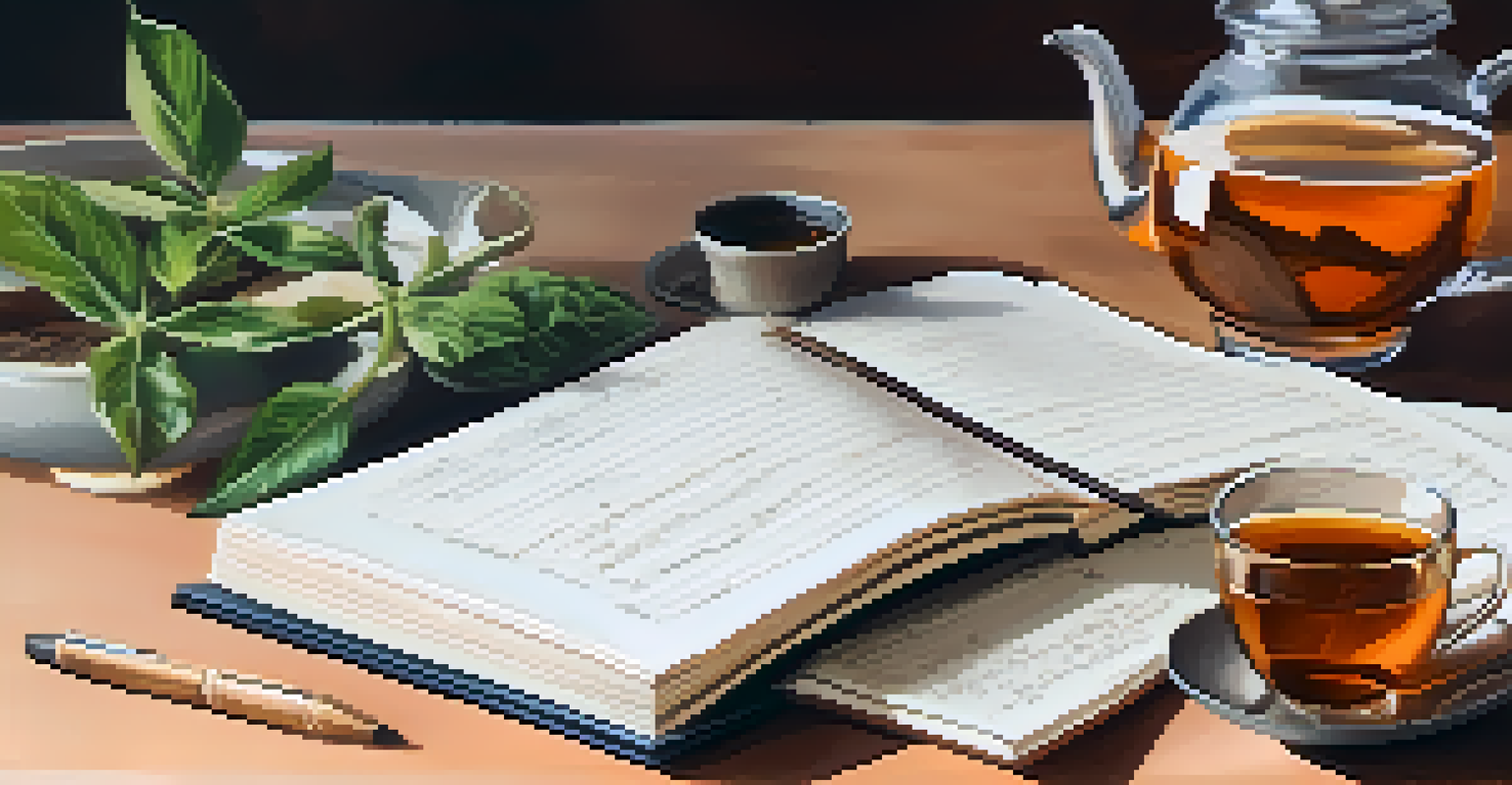 A notebook with handwritten notes and a cup of tea, depicting mindfulness.