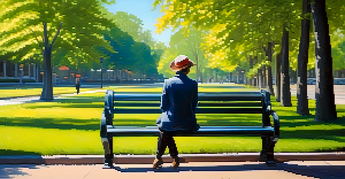A person sitting on a park bench, looking at their smartphone with a thoughtful expression amidst blooming flowers and tall trees.