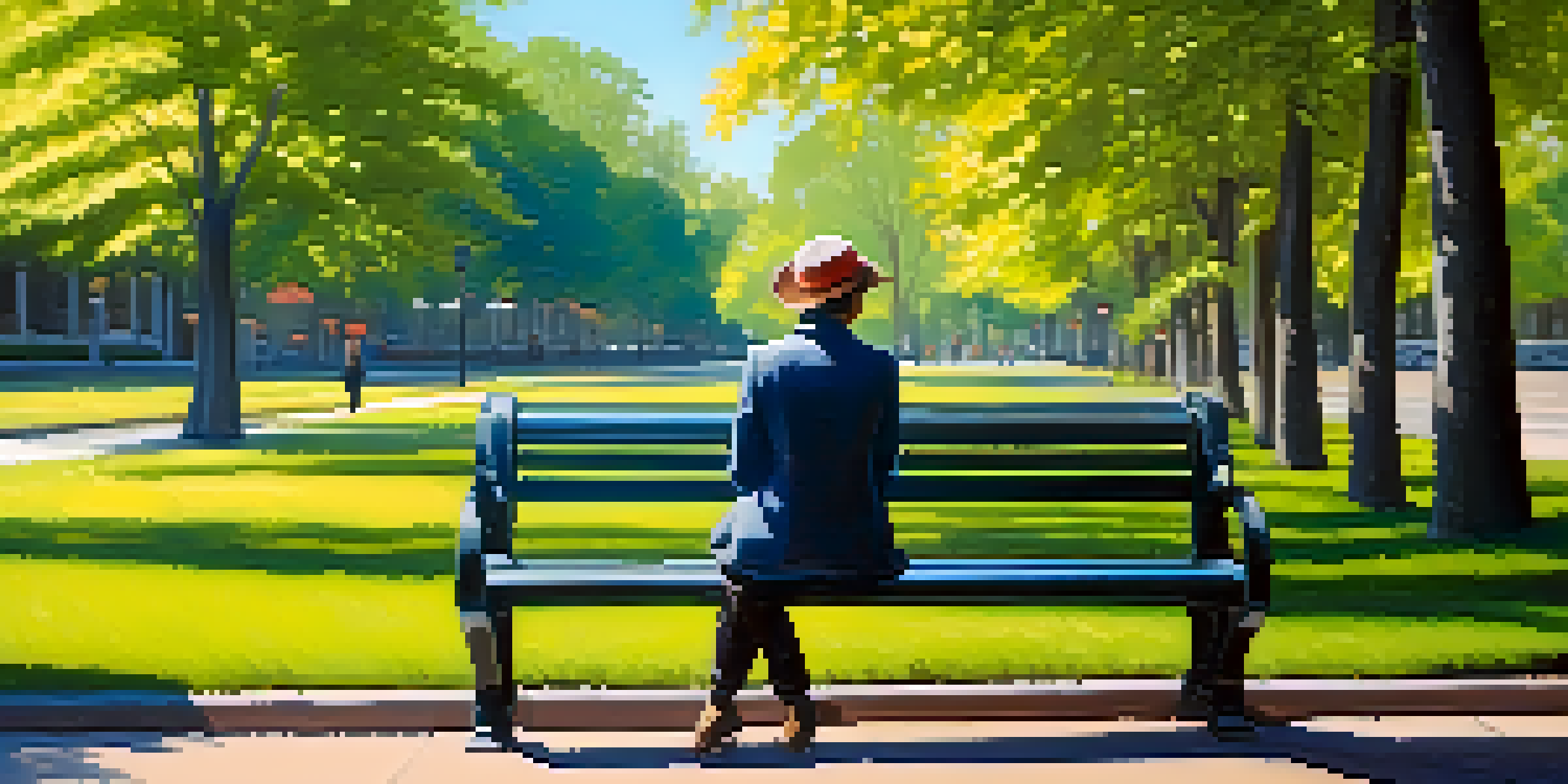 A person sitting on a park bench, looking at their smartphone with a thoughtful expression amidst blooming flowers and tall trees.