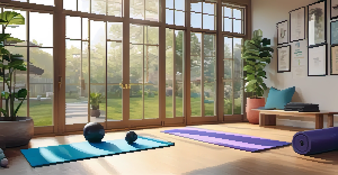 A bright and inviting home gym with a yoga mat, dumbbells, and a view of a sunny garden through a large window, complemented by a motivational quote on the wall.