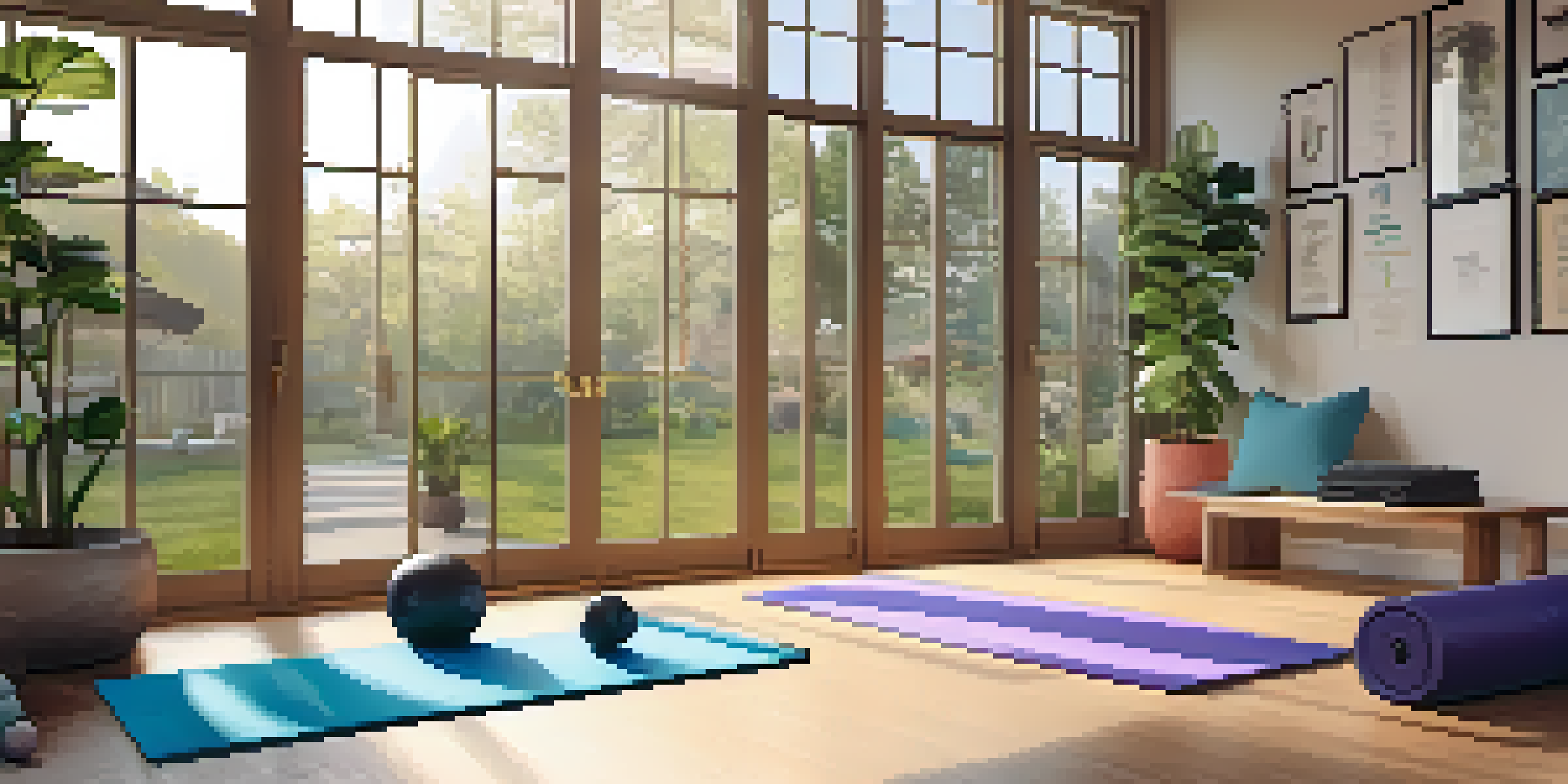A bright and inviting home gym with a yoga mat, dumbbells, and a view of a sunny garden through a large window, complemented by a motivational quote on the wall.