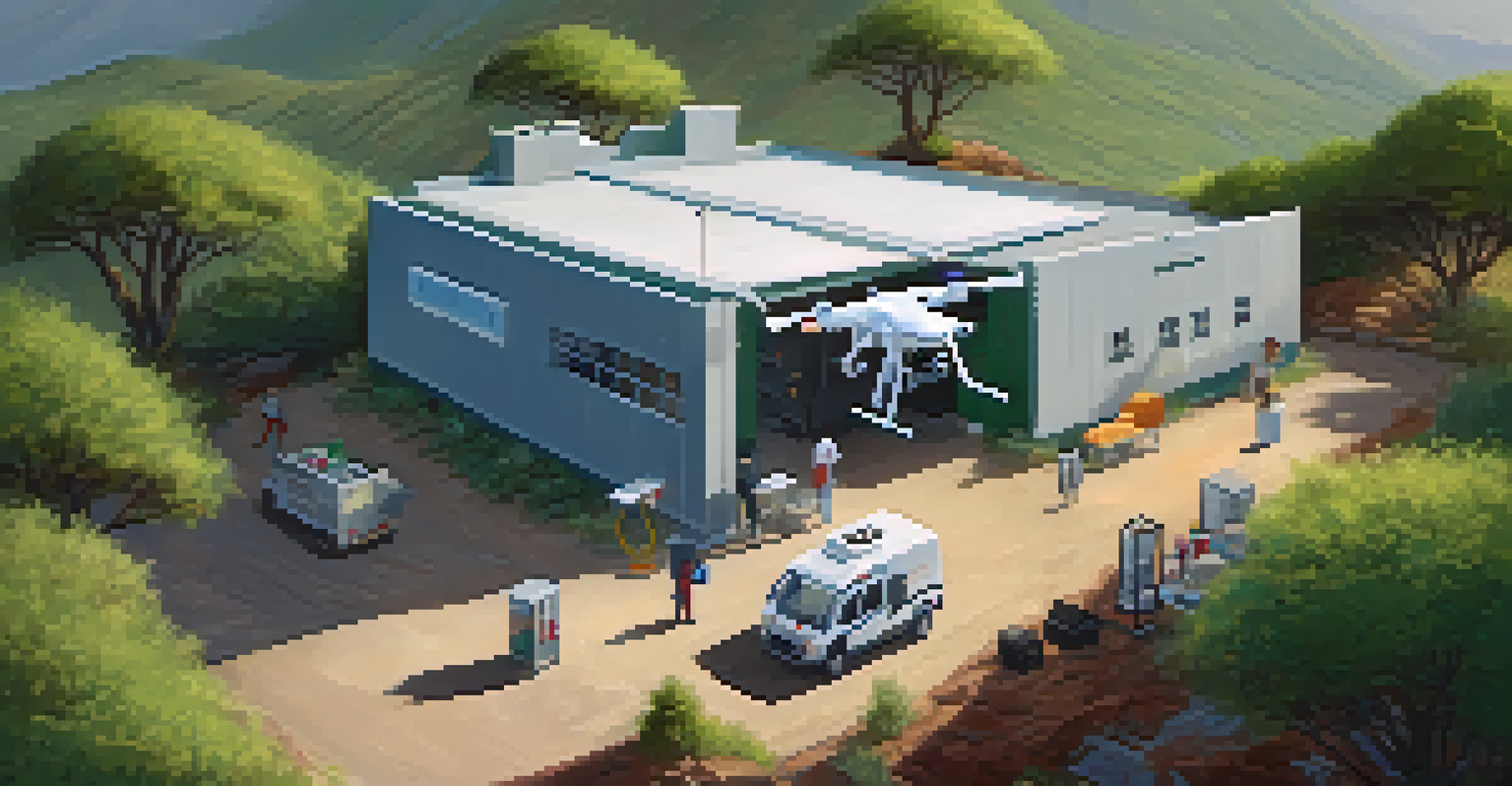 An aerial view of a drone delivering medical supplies to a remote clinic in a mountainous area.
