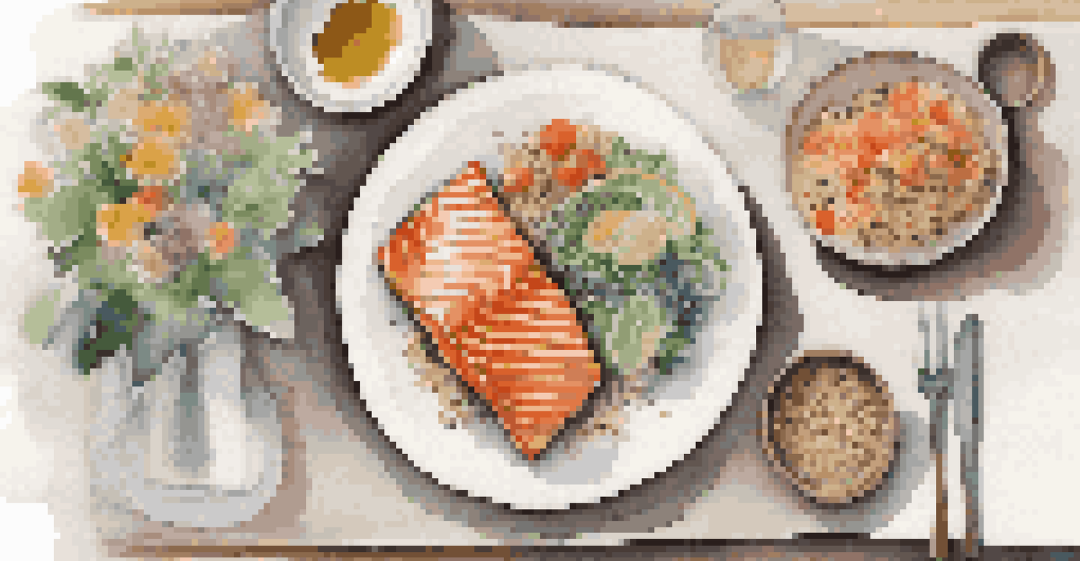 A peaceful dining table with a plated meal of grilled salmon and salad, set in a warm and inviting atmosphere.