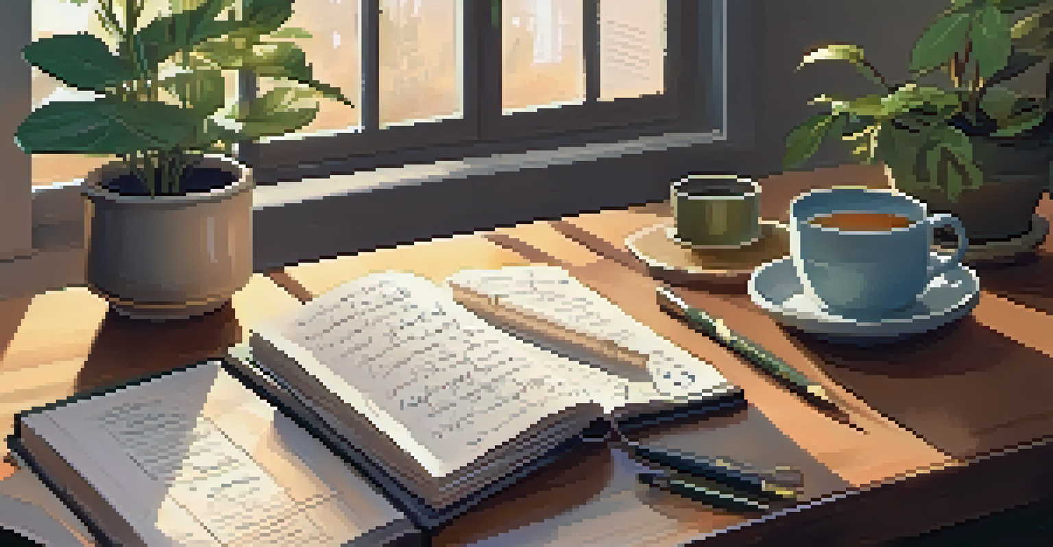 A cozy workspace with an open journal, handwritten notes, and a cup of herbal tea, surrounded by plants and warm light.