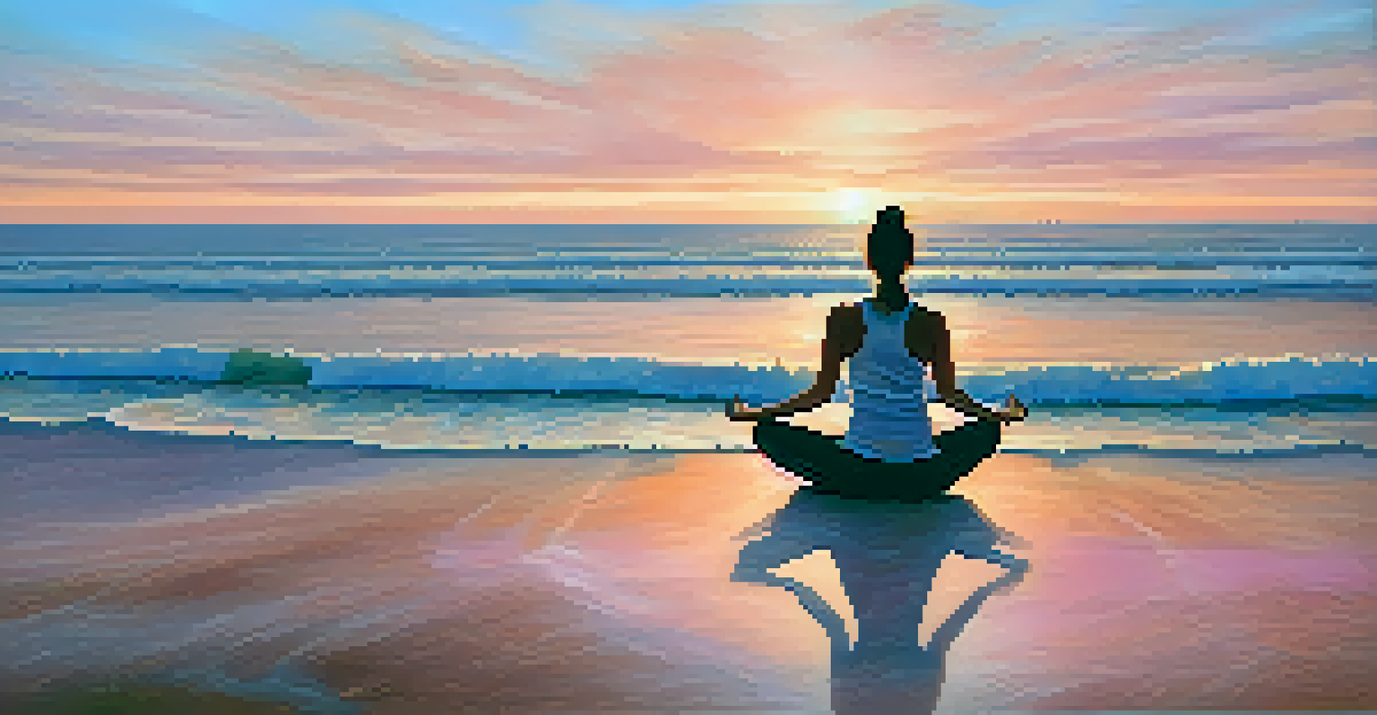 A person meditating on a beach at sunset, with gentle waves and a colorful sky, showcasing tranquility.