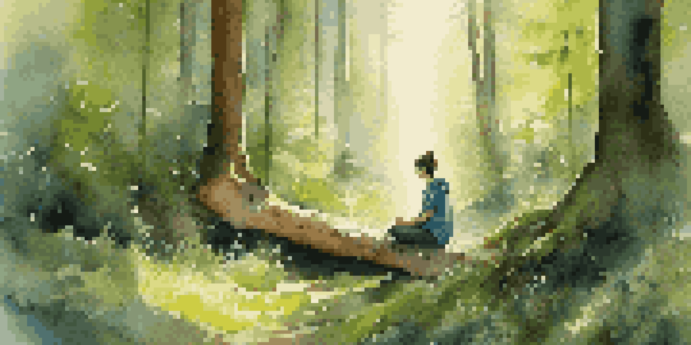 A person meditating on a log in a sunlit forest, surrounded by greenery and wildflowers, depicting tranquility and self-compassion.
