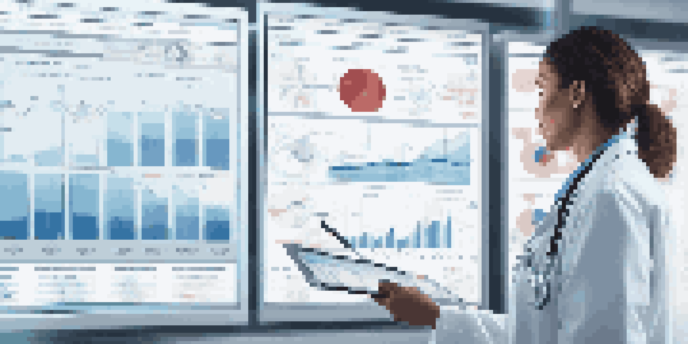 A healthcare professional in a lab coat analyzing data on a digital screen in a hospital setting, surrounded by graphs and statistics.