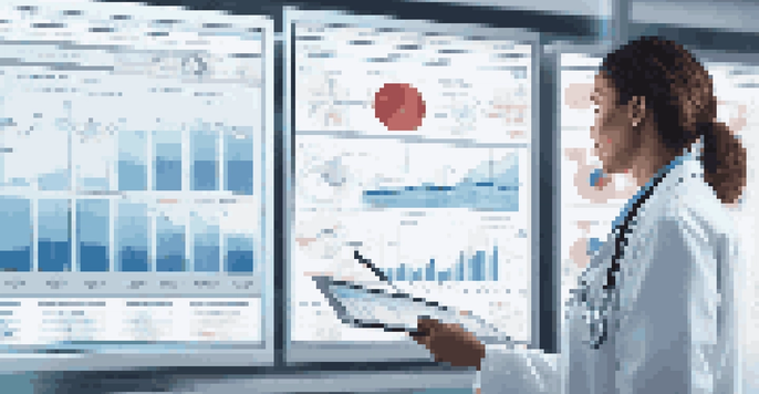 A healthcare professional in a lab coat analyzing data on a digital screen in a hospital setting, surrounded by graphs and statistics.