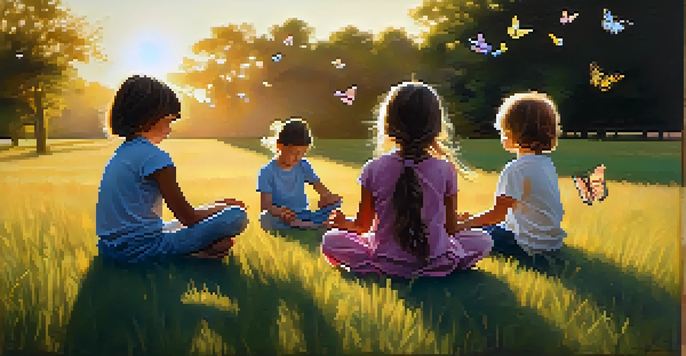 Children sitting peacefully in a grassy field, practicing mindfulness with butterflies around them during sunset.