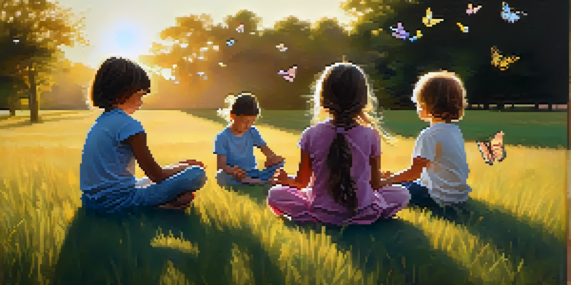 Children sitting peacefully in a grassy field, practicing mindfulness with butterflies around them during sunset.