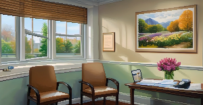 A cozy doctor's office with natural light, a wooden desk, health pamphlets, and a comfortable examination table.