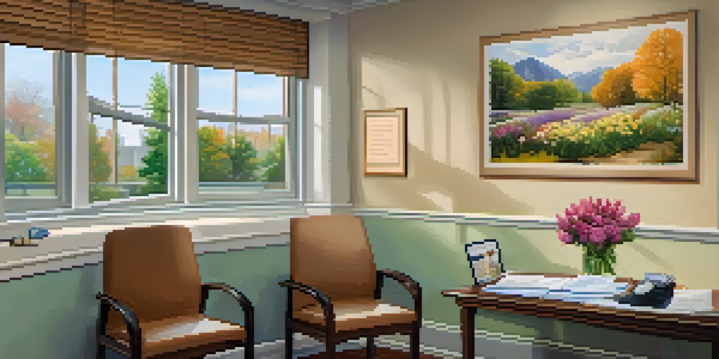 A cozy doctor's office with natural light, a wooden desk, health pamphlets, and a comfortable examination table.