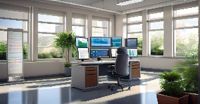 A healthcare professional entering data into a computer in a bright and organized office, with medical charts on the walls and a plant.