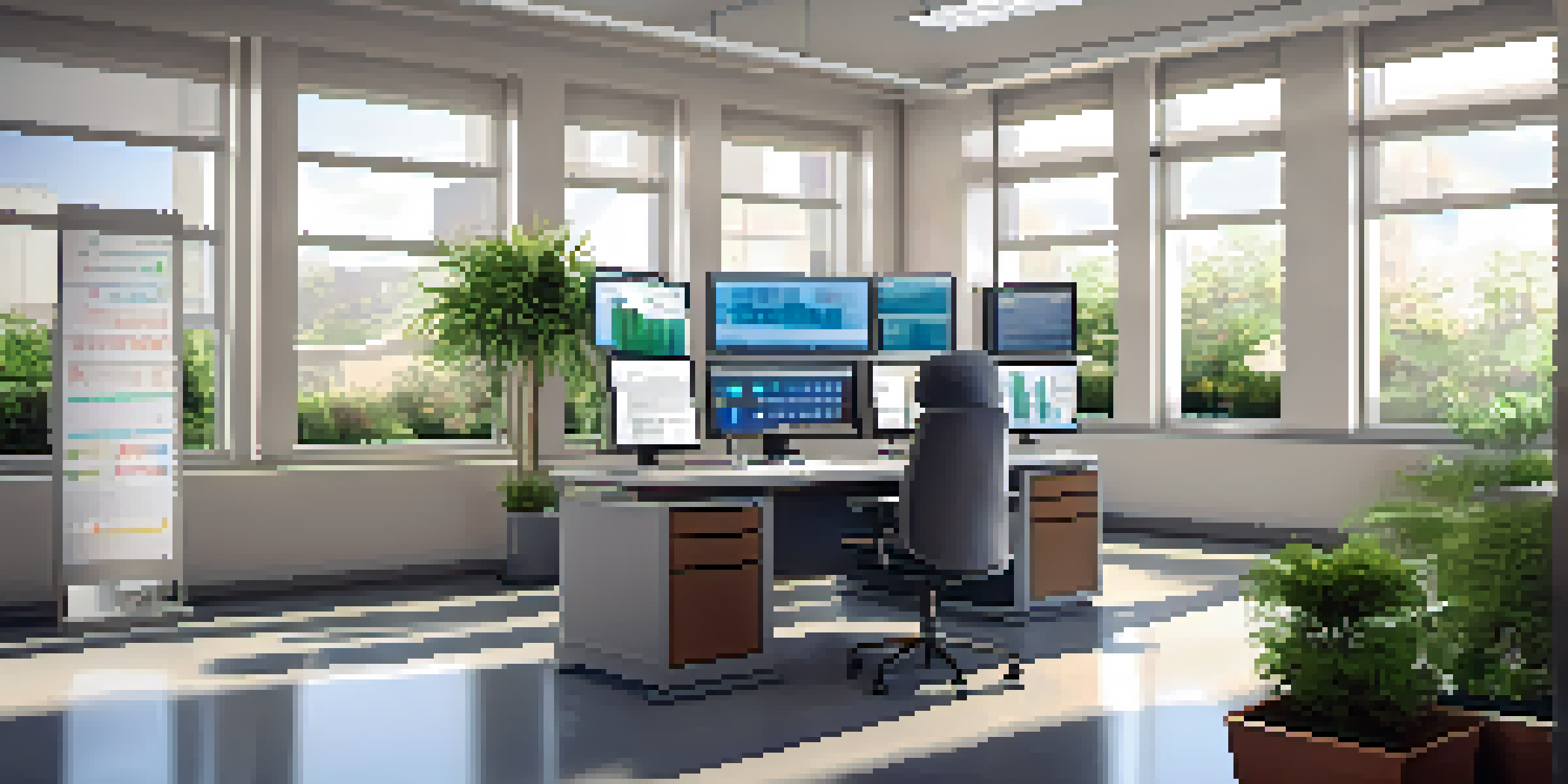A healthcare professional entering data into a computer in a bright and organized office, with medical charts on the walls and a plant.
