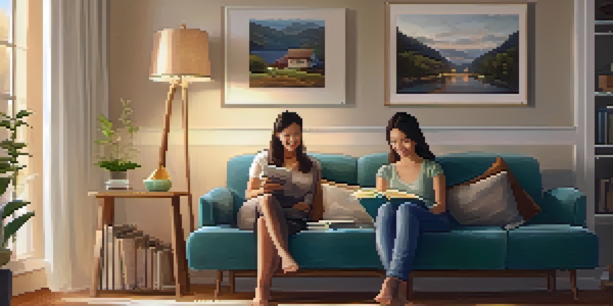 A parent reading a book to a child in a cozy living room, with warm lighting and family photos on the walls.