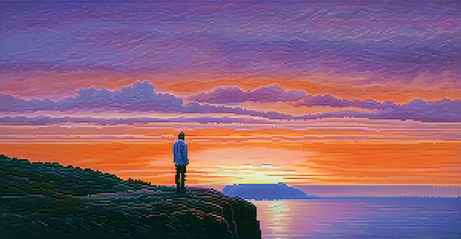 A man standing on a cliff at sunset, looking thoughtfully at the ocean, representing reflection and mental health awareness.