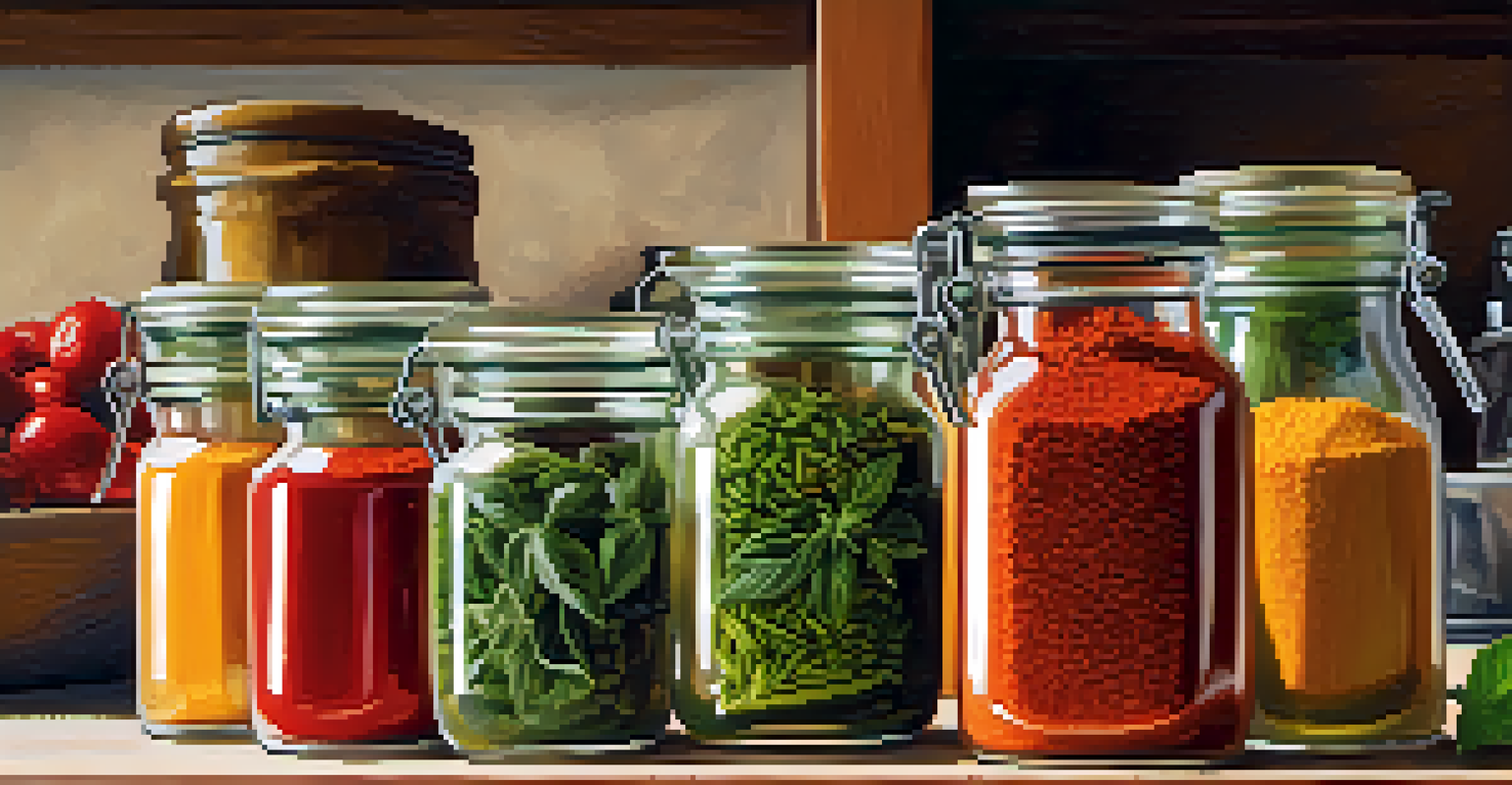 Close-up of glass jars filled with spices like turmeric and paprika on a kitchen counter, with fresh vegetables in the background, illuminated by soft light.