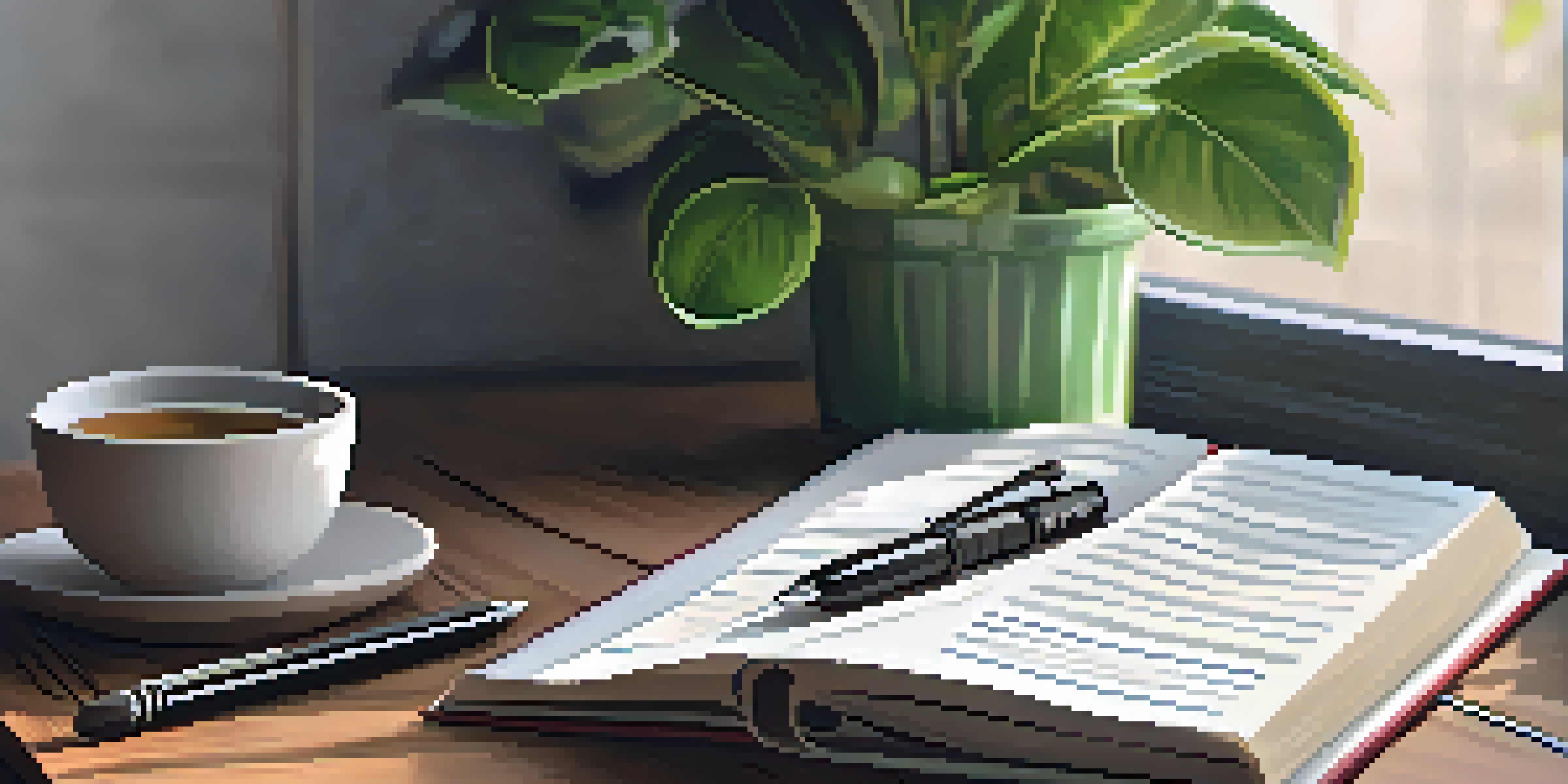 A fitness journal open on a wooden table with notes and a pen, illuminated by soft natural light.