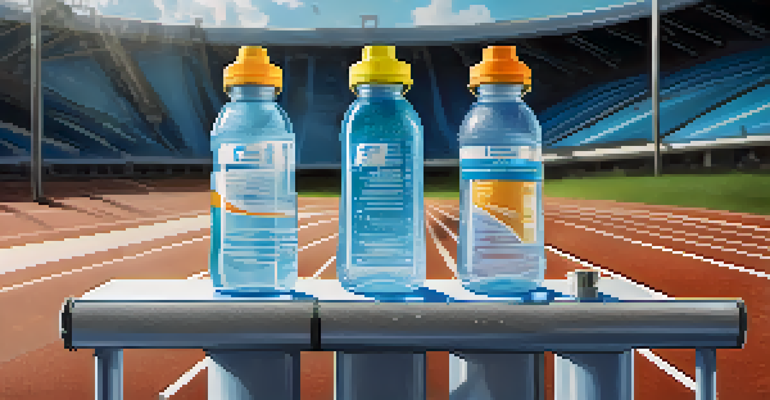 A hydration station with water bottles and electrolyte drinks on a sunny running track, highlighting the importance of hydration.