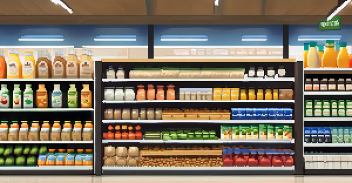 A grocery store aisle filled with allergen-free food products including plant-based milks and fresh fruits.