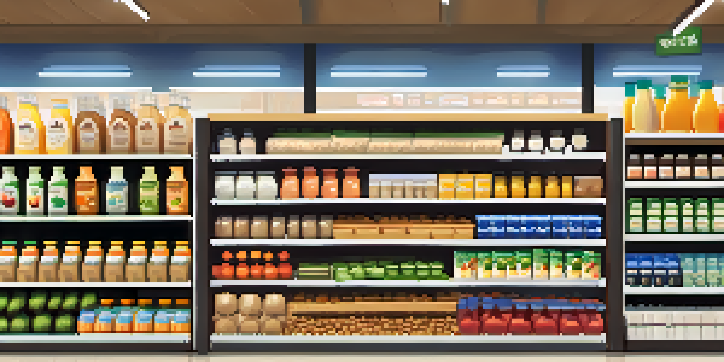 A grocery store aisle filled with allergen-free food products including plant-based milks and fresh fruits.