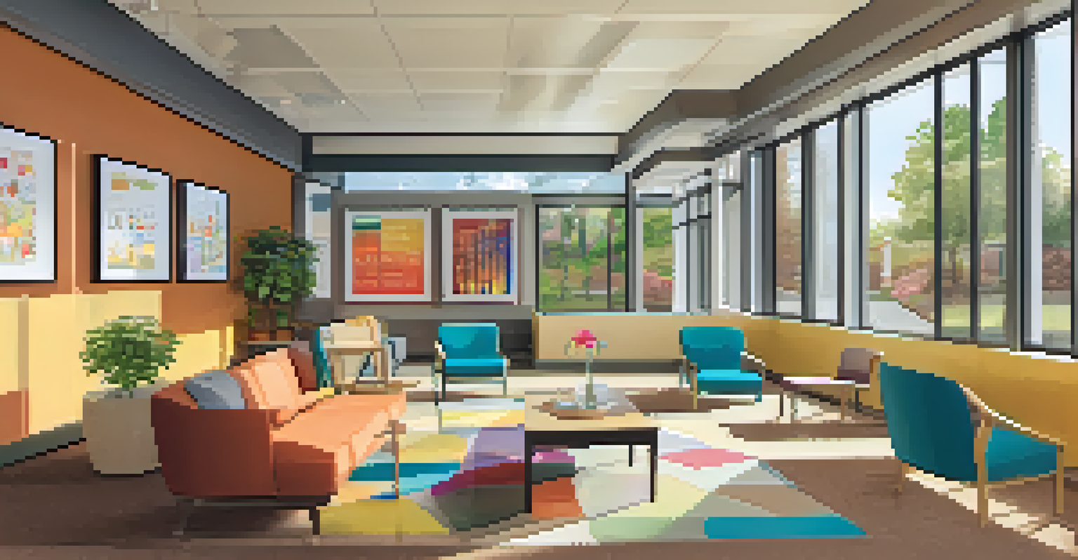 A cozy mental health resource center with comfortable seating and colorful artwork, illuminated by natural light.