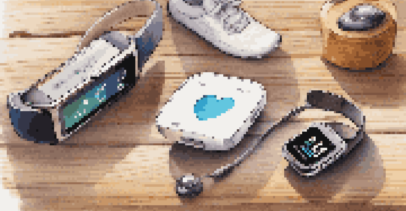Close-up of various wearable health devices on a wooden table, including a smartwatch and fitness tracker, displaying health metrics.