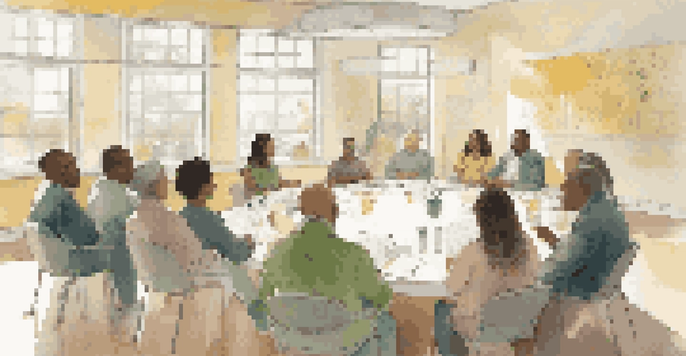 A diverse group of people engaged in a community meeting, discussing health initiatives around a large round table with charts and notes.