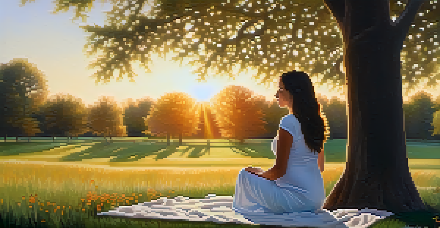 A pregnant woman in 'Child's Pose' practicing yoga outdoors surrounded by flowers and trees at sunset.