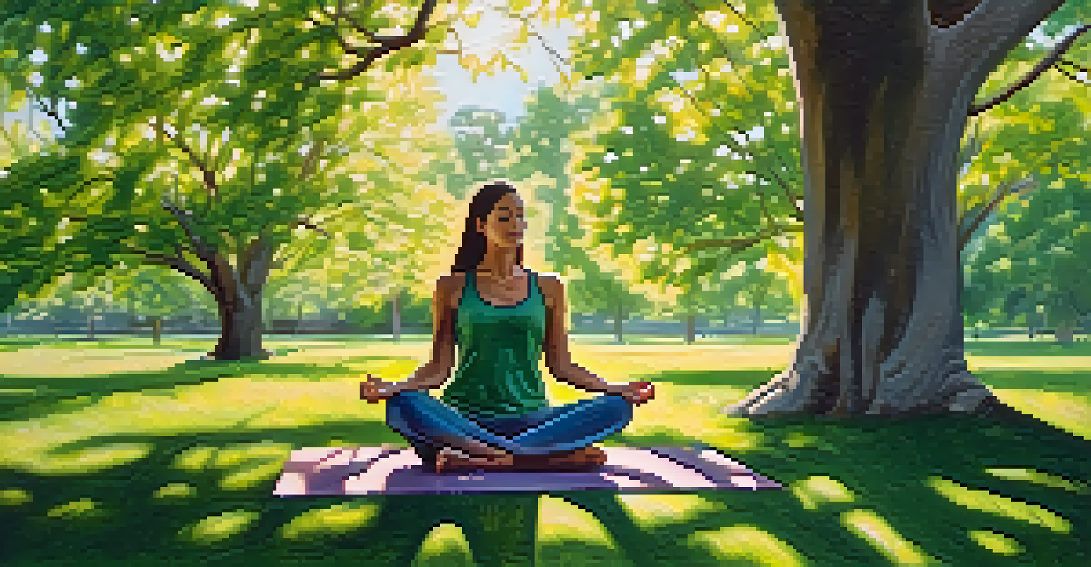 A person practicing mindfulness in a green park, seated cross-legged on a yoga mat with sunlight filtering through the trees.