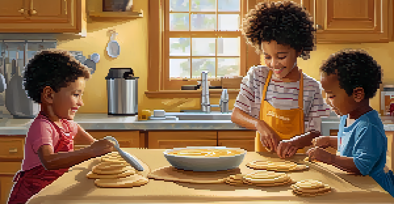 Children in a kitchen making peanut butter banana roll-ups, with one child spreading peanut butter on a tortilla and another adding a banana, surrounded by colorful ingredients.