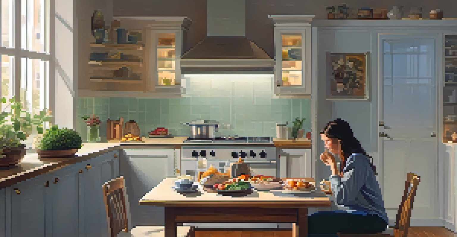 A person in a cozy kitchen pausing to reflect and express gratitude before a healthy meal, with a warm and inviting atmosphere.